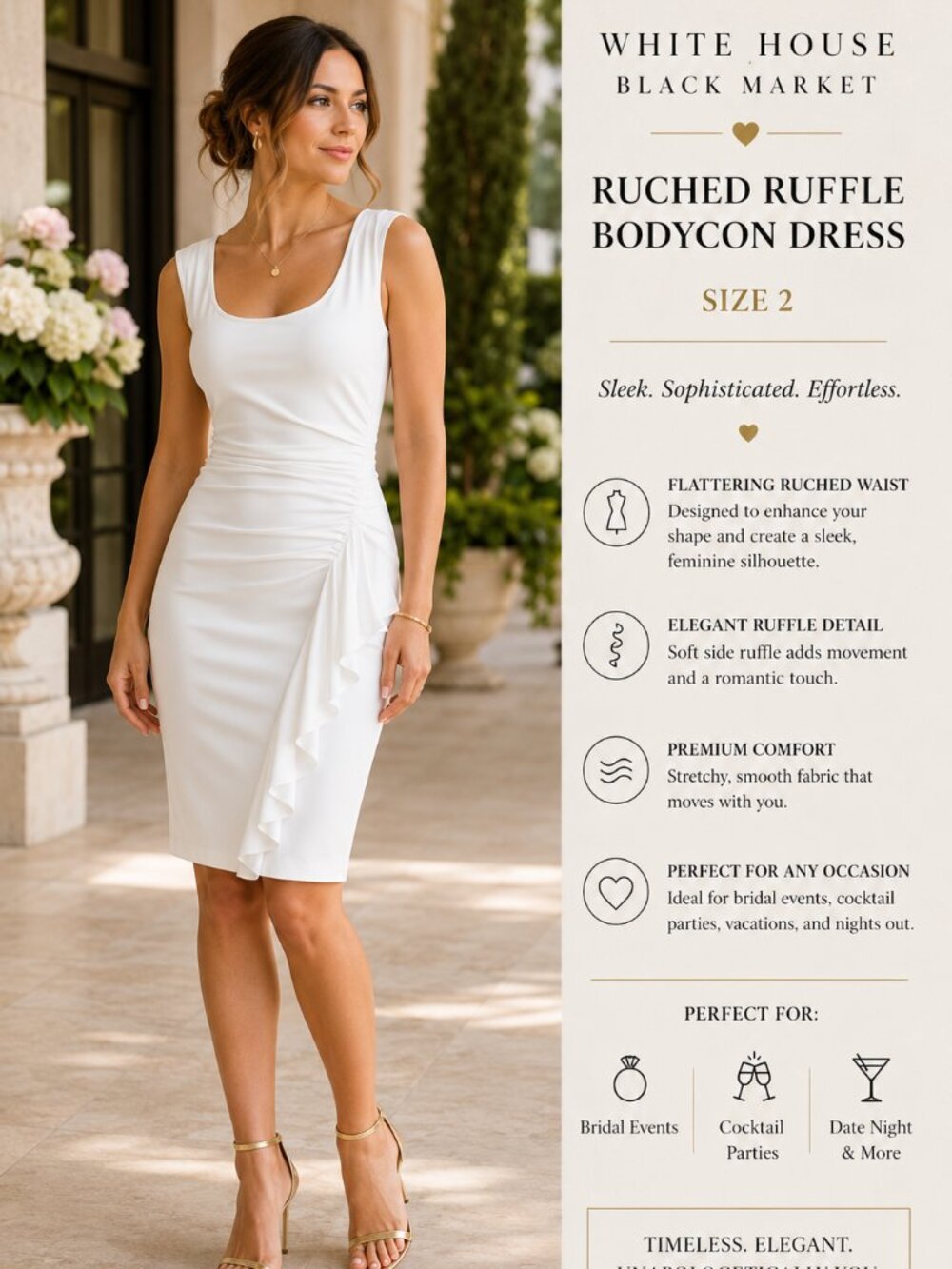 White House Black Market Dress Ruched Bodycon Ruffle SZ2 Wedding Guest Cocktails